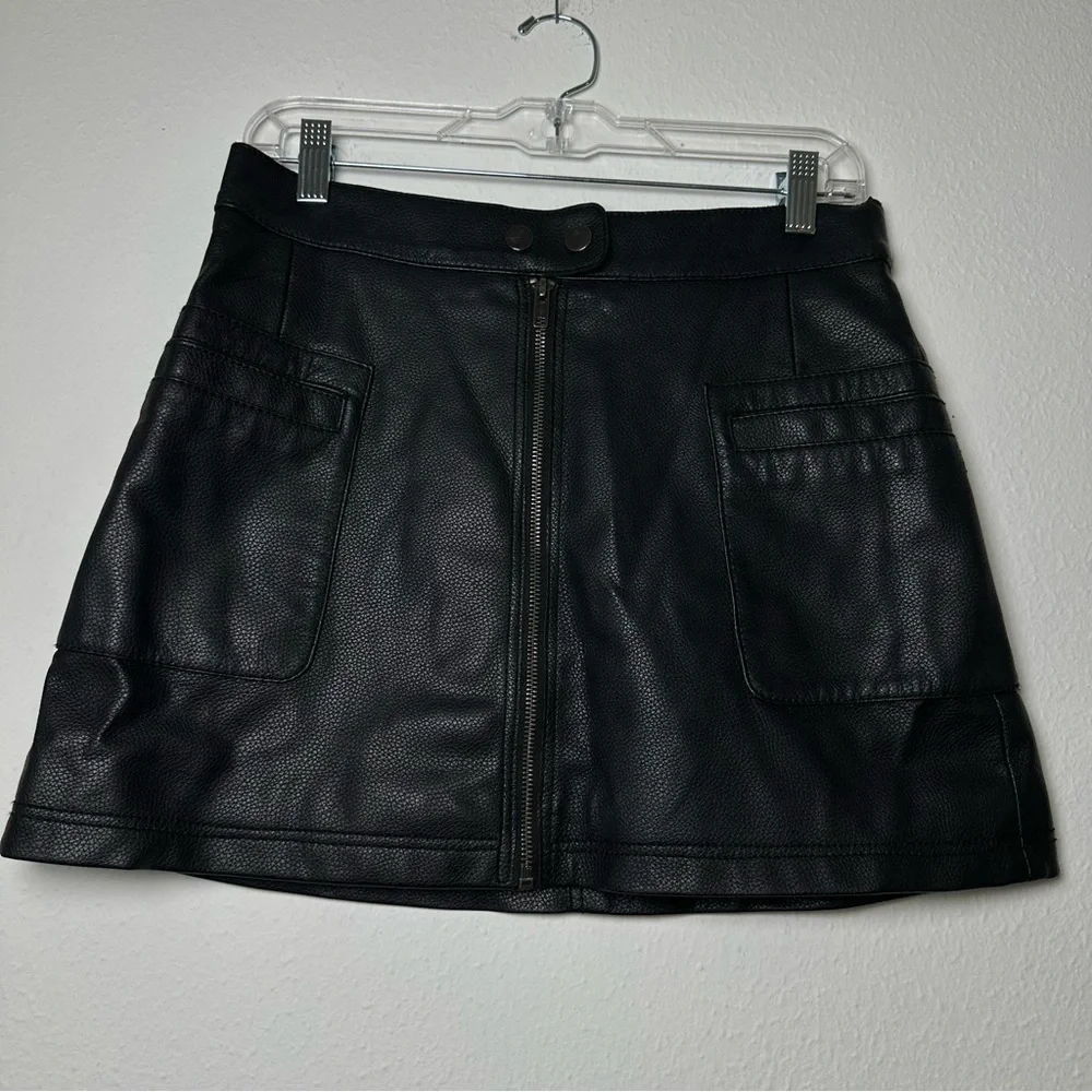 Free People Vegan Leather Black A-Line Zip Front Mini Skirt